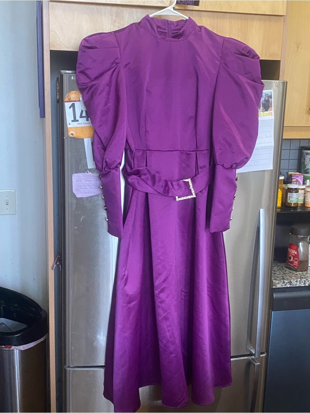 Purple Puff-Sleeve Midi Dress with Rhinestone Belt - Picture 2 of 9